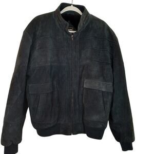 Vintage 80's IN Crowd Navy Leather Bomber Jacket Faux Fur Lined Mens XL